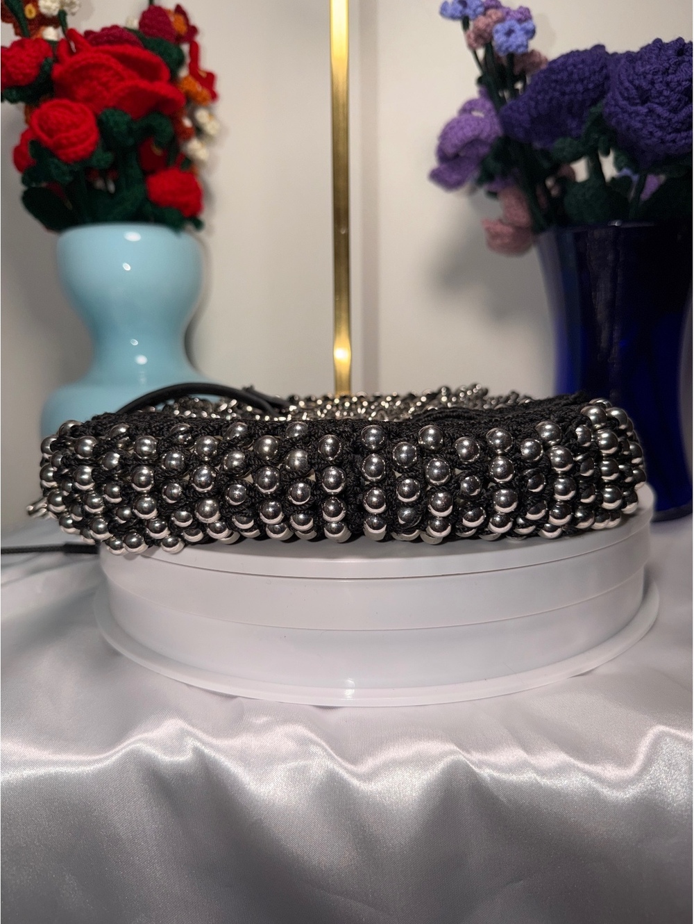 Kurt Geiger Black Crochet Bag with Silver Bead Embellishments EUC - Picture 8 of 10